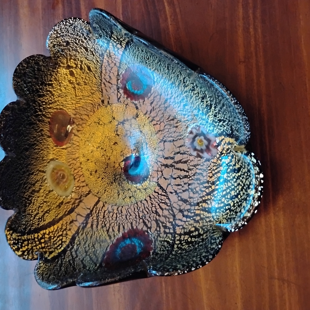 Vintage Heavy Decorative Glass Bowl - Gold and Blue